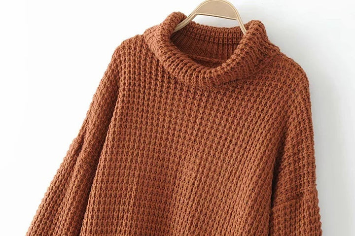 Women’s Boxy Waffle Knit Sweater with Mock Turtleneck