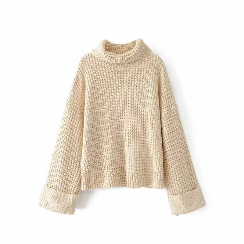 Women’s Boxy Waffle Knit Sweater with Mock Turtleneck
