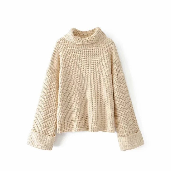 Women’s Boxy Waffle Knit Sweater with Mock Turtleneck
