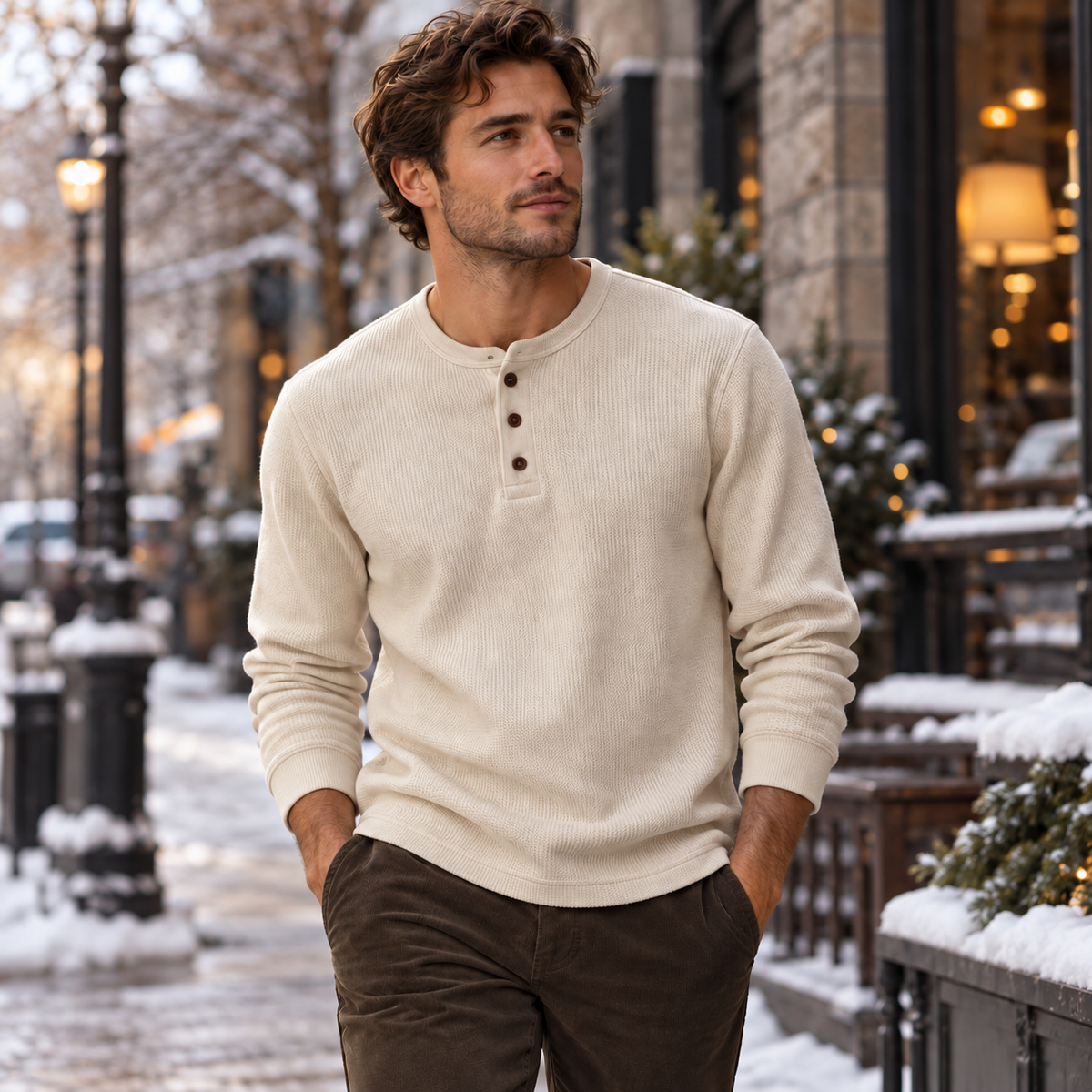 Men's Minimalist Waffle-Knit Henley Shirt with Breathable Cotton Blend for Casual Wear