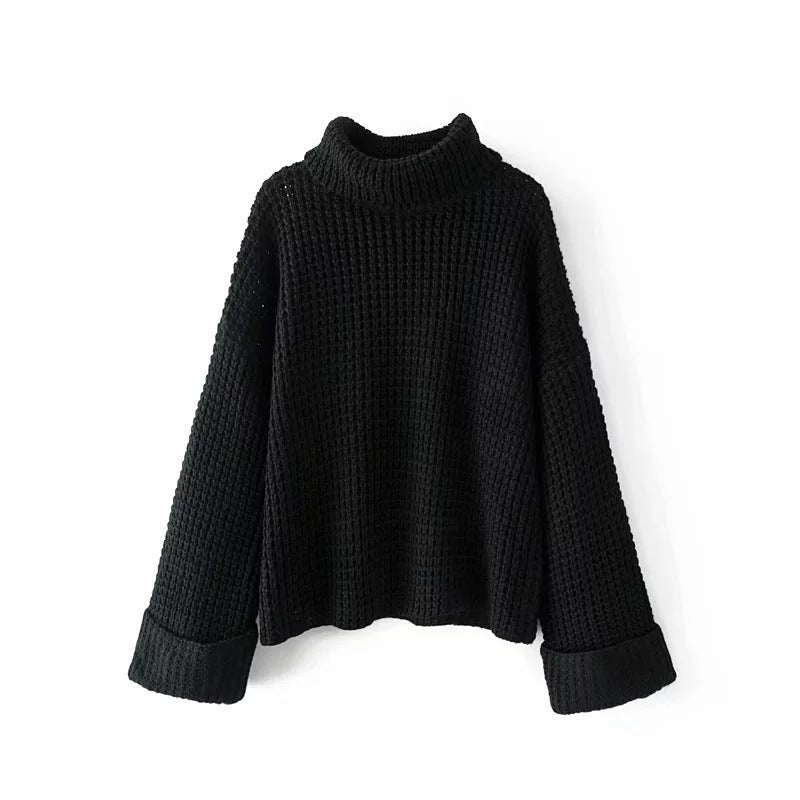 Women’s Boxy Waffle Knit Sweater with Mock Turtleneck