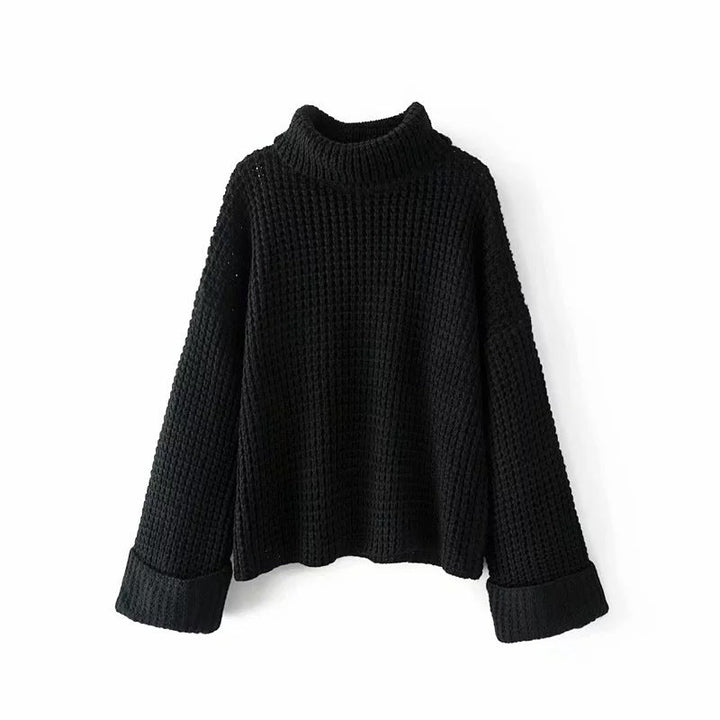 Women’s Boxy Waffle Knit Sweater with Mock Turtleneck