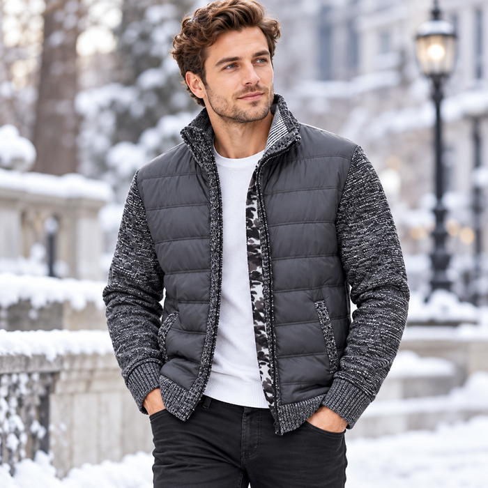 Men's Plush-Lined Zip-Up Stand Collar Sweater