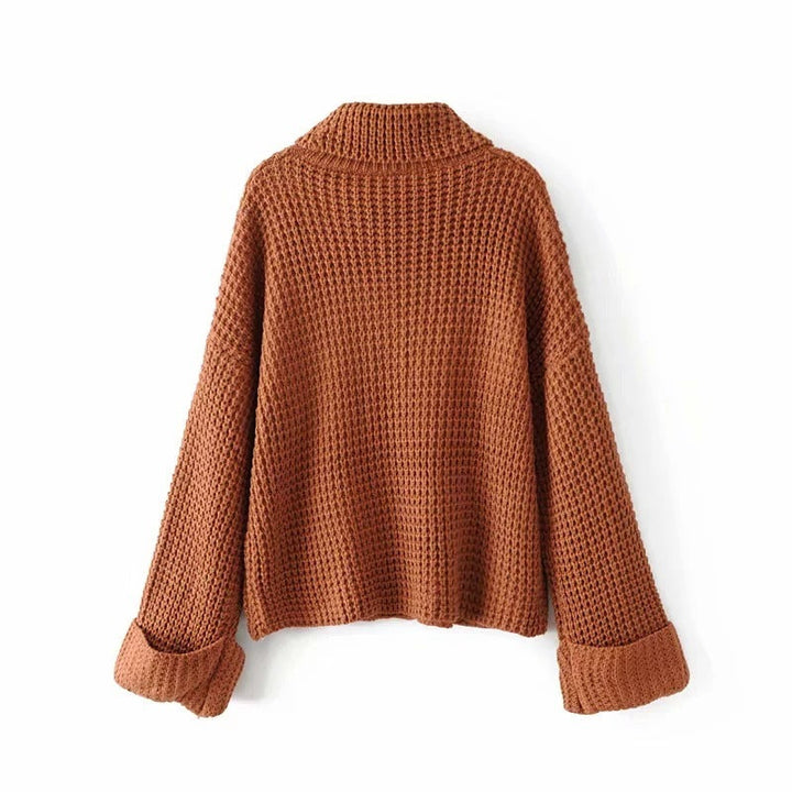Women’s Boxy Waffle Knit Sweater with Mock Turtleneck