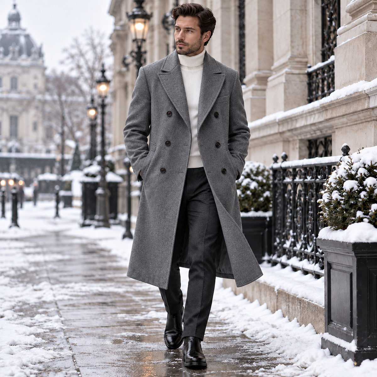 Men's Over-the-Knee Double-Breasted Wool Coat for Autumn and Winter Workwear