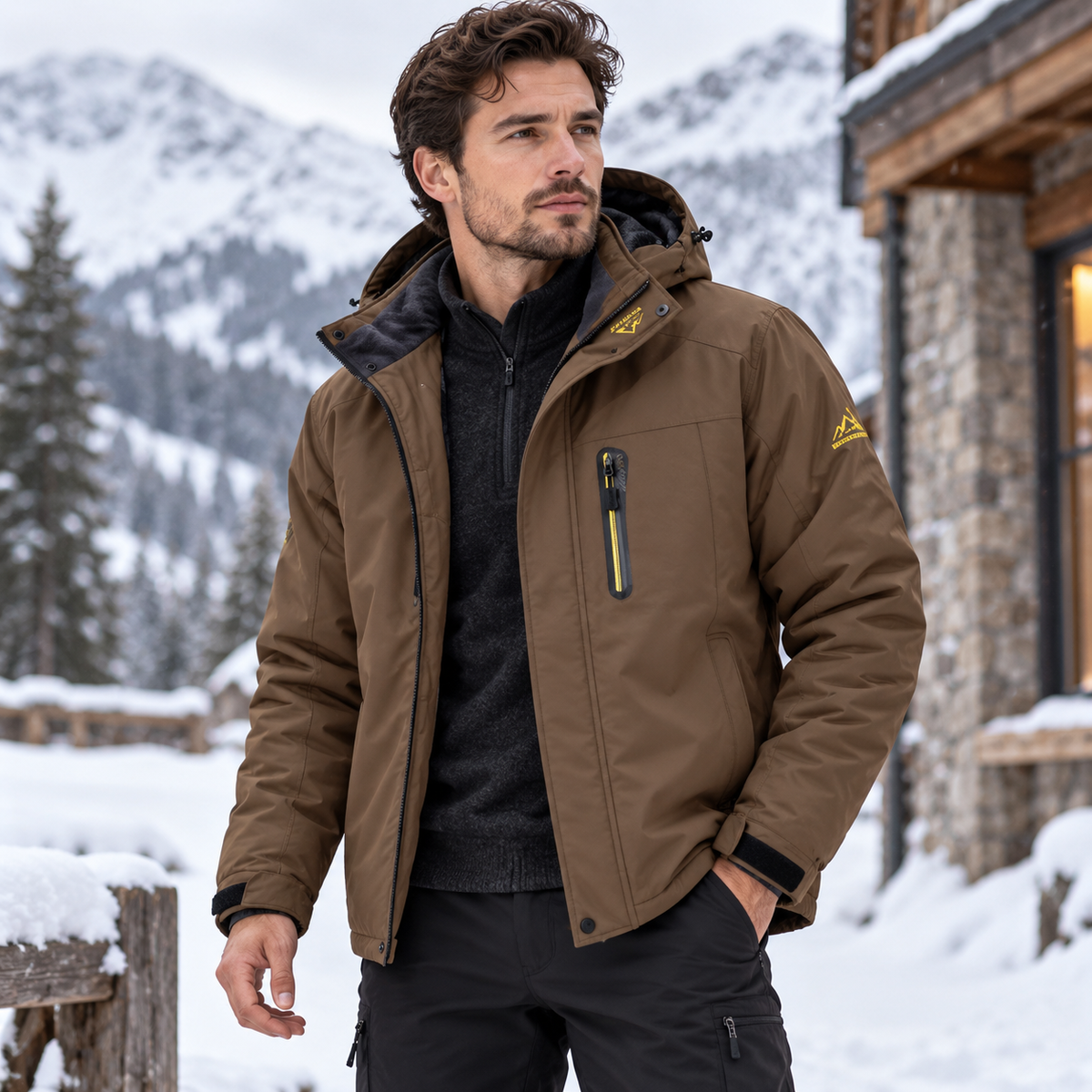Men's Hooded Fleece Winter Jacket with Windproof and Rainproof Shell for Casual Outdoor Wear
