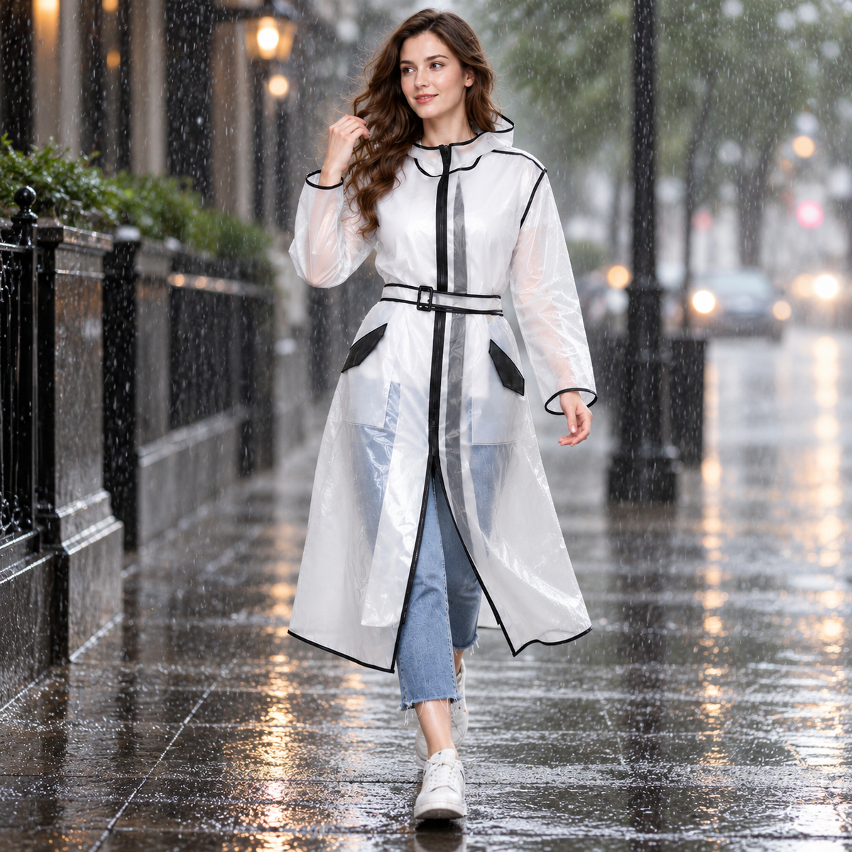 Belted Raincoat with Double Zip for Daily Wear