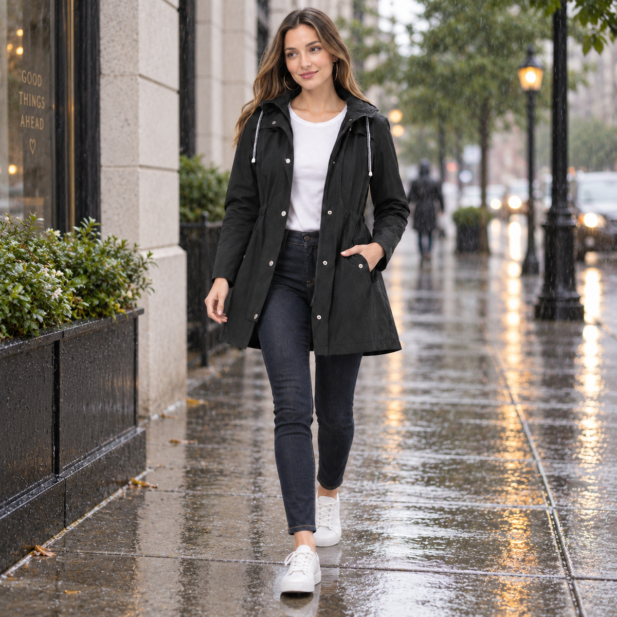 Long Raincoat with Chemical Fiber Blend for Full Coverage
