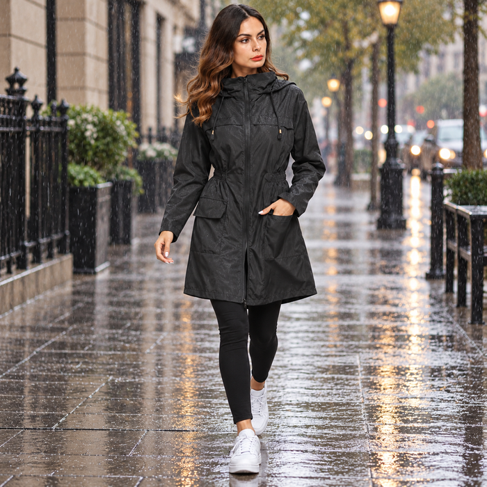Hooded Trench Coat Raincoat with Waist Detail for Women