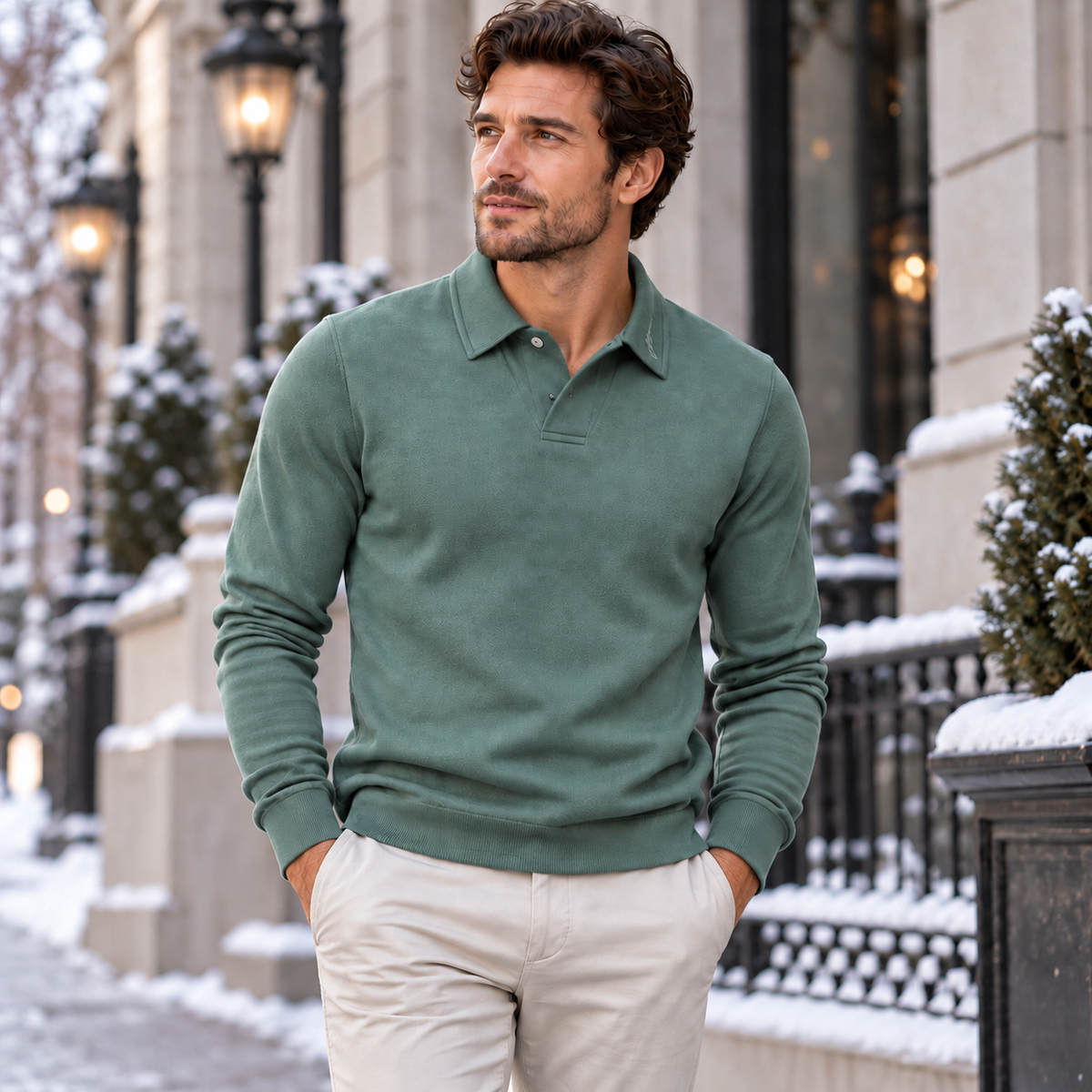 Men's Long-Sleeve Polo Shirt with Breathable Cotton Blend and Tailored Fit for Casual and Work Wear