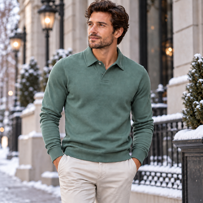 Men's Long-Sleeve Polo Shirt with Breathable Cotton Blend and Tailored Fit for Casual and Work Wear