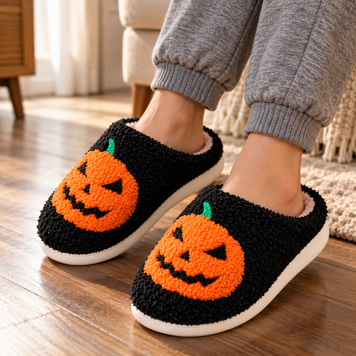 Unisex Halloween Pumpkin Cartoon Slippers with Warm Cotton Lining for Couples' Indoor Winter Wear