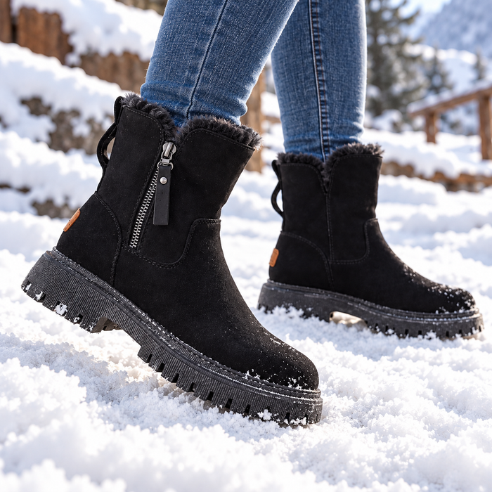 Women's Faux Suede Low Block Heel Winter Boots with Side Zipper and Warm Lining
