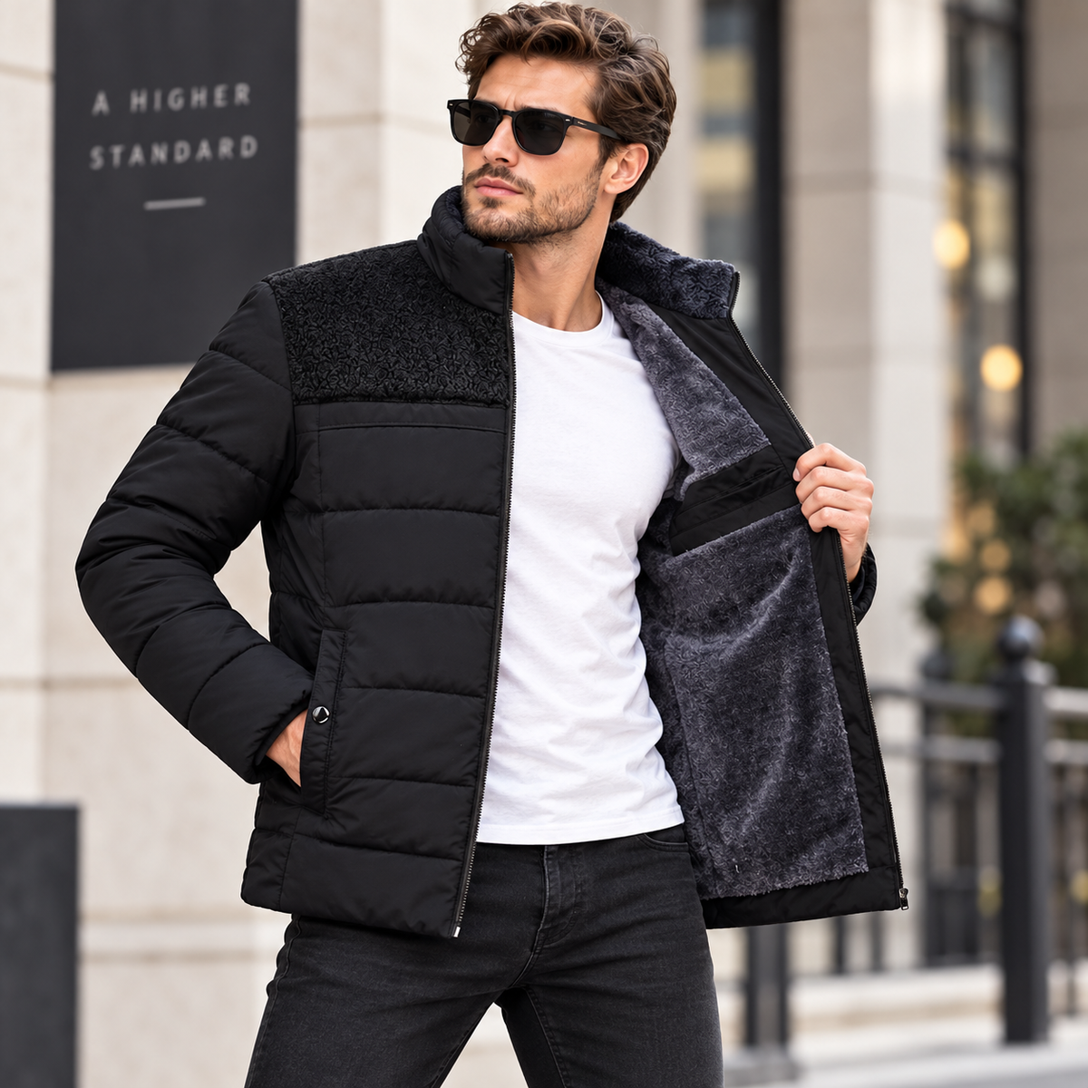 Men's velvet-lined padded winter jacket with zip front