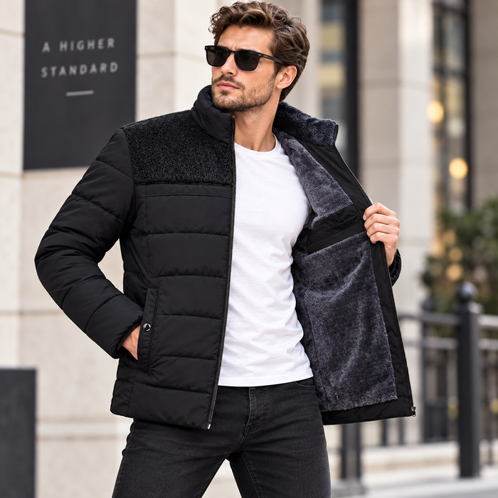 Men's velvet-lined padded winter jacket with zip front