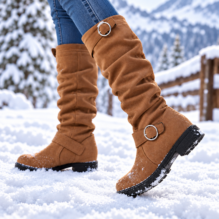 Women's Knee-High Slip-On Platform Boots with Cushioned Insole and Non-Slip Sole