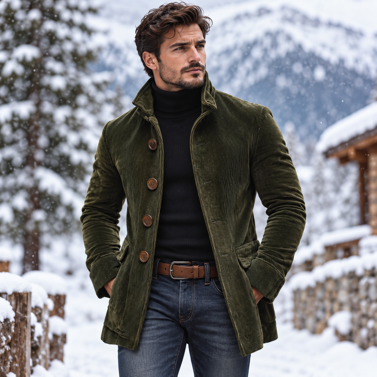 Men's Corduroy Stand Collar Button-Up Jacket