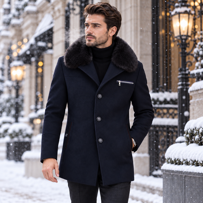 Men's Classic Single-Breasted Winter Coat with Plush Faux Fur Collar for Formal and Casual Wear