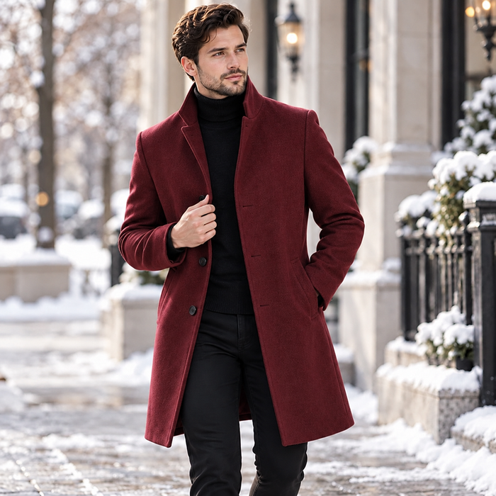 Men's Single-Breasted Stand Collar Wool Coat for Elegant Autumn and Winter Wear