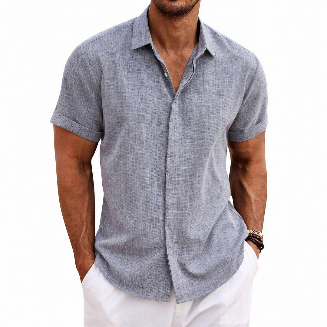 Men's Short Sleeve Button-Up Linen Shirt for Summer