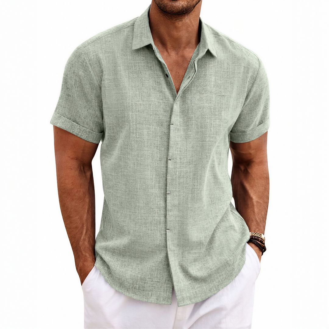 Men's Short Sleeve Button-Up Linen Shirt for Summer