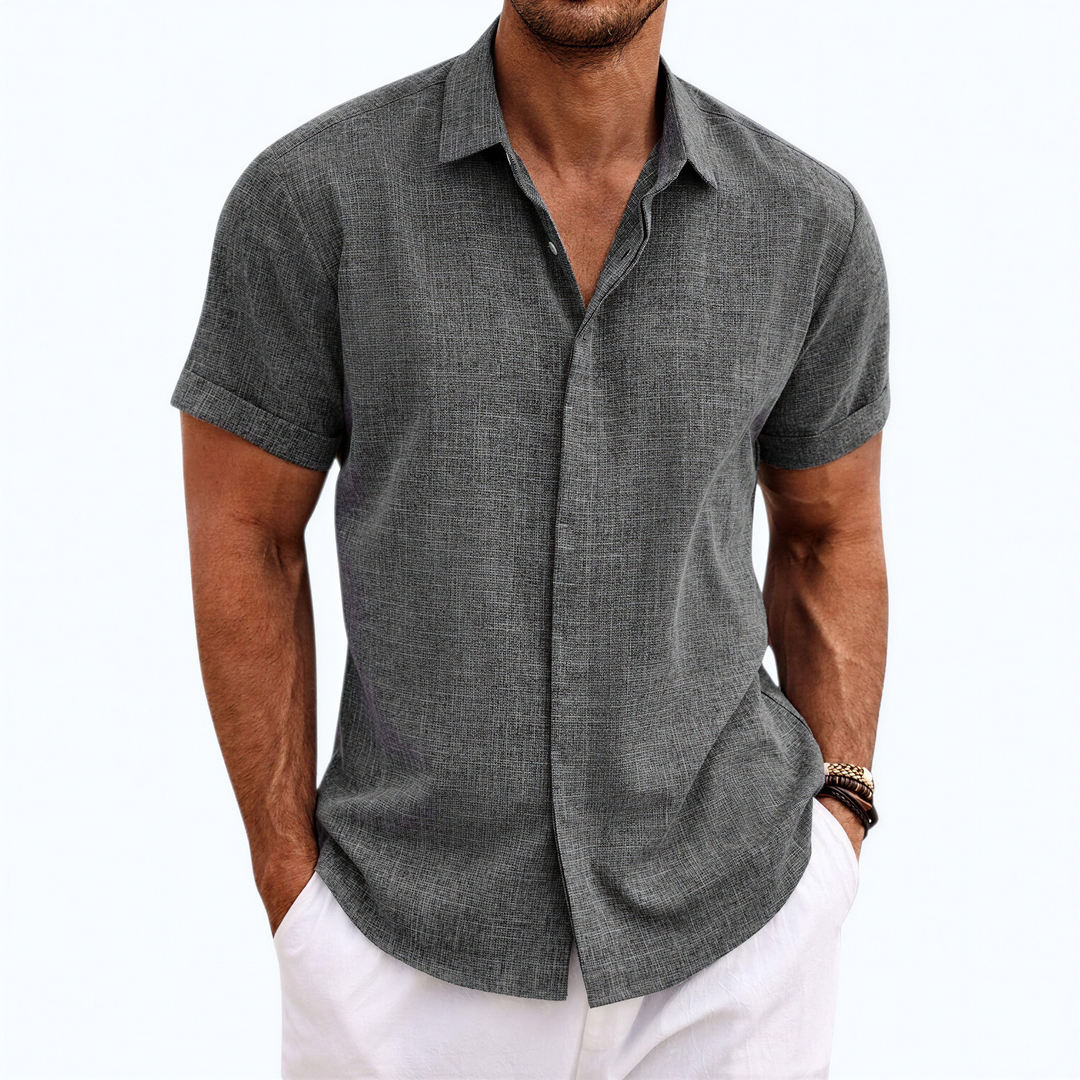 Men's Short Sleeve Button-Up Linen Shirt for Summer