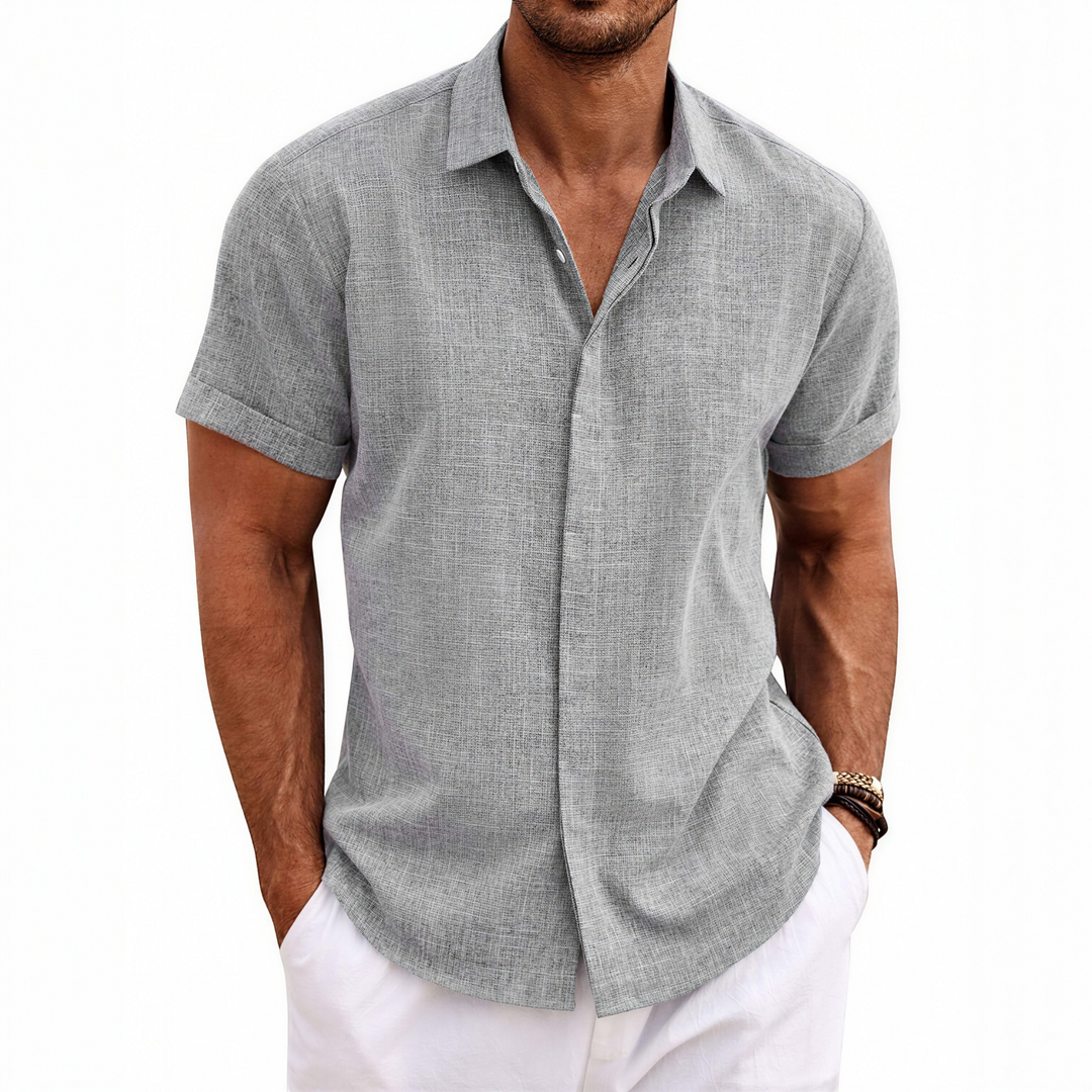 Men's Short Sleeve Button-Up Linen Shirt for Summer