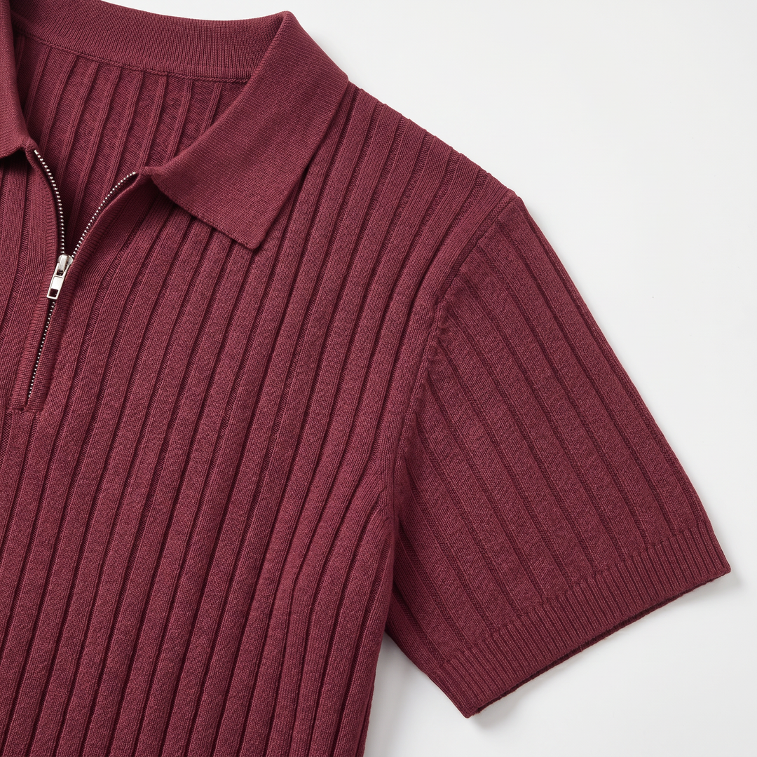 Men’s Ribbed Short Sleeve Zip Polo Shirt with Slim Fit