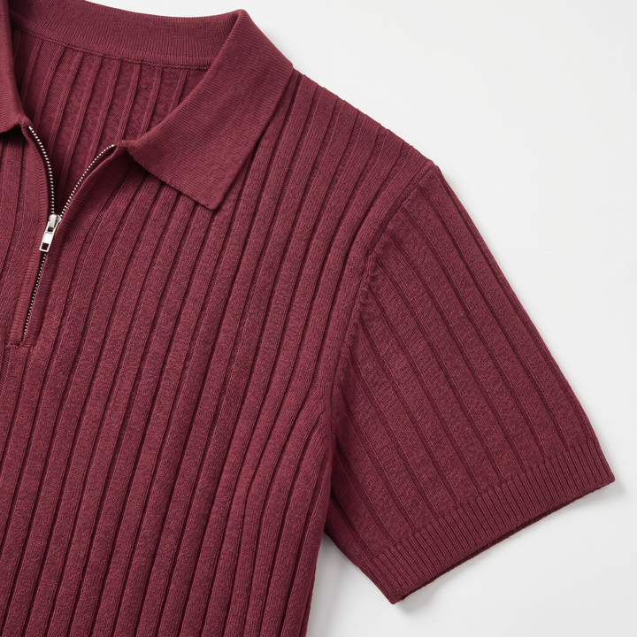 Men’s Ribbed Short Sleeve Zip Polo Shirt with Slim Fit