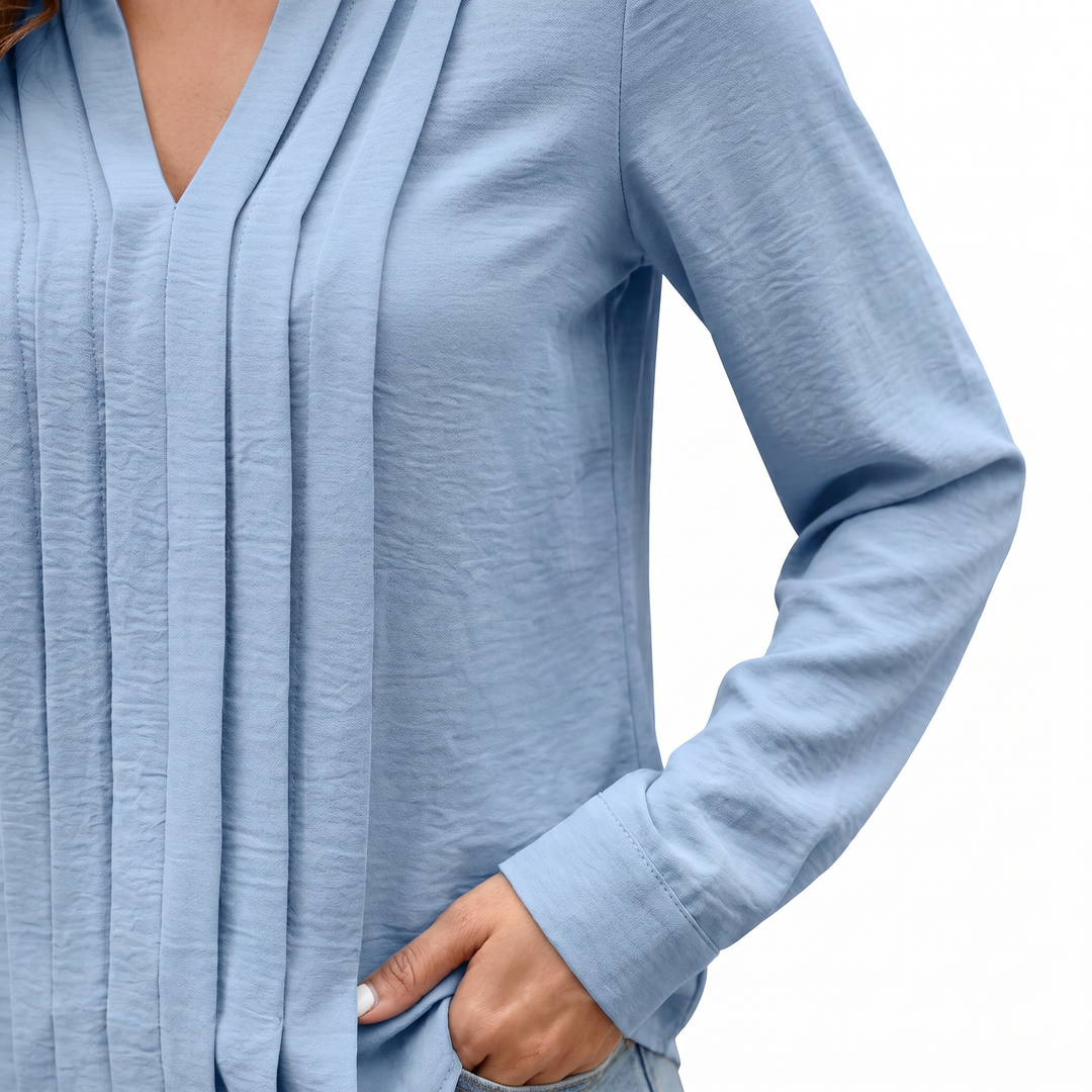 Women's V-Neck Long Sleeve Pleated Blouse