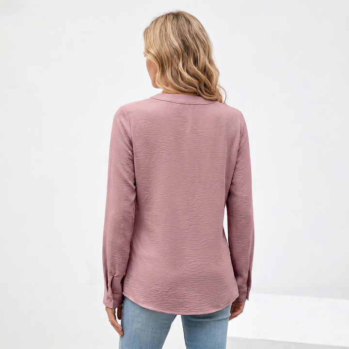 Women's V-Neck Long Sleeve Pleated Blouse