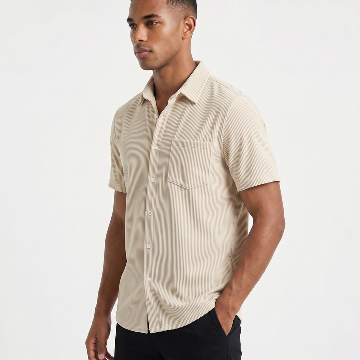 Men’s Short Sleeve Corduroy Button Up Shirt with Chest Pocket