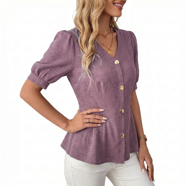 Women's V-Neck Button Front Peplum Blouse
