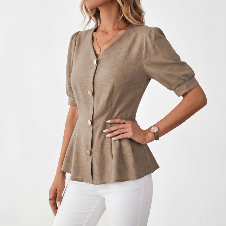 Women's V-Neck Button Front Peplum Blouse
