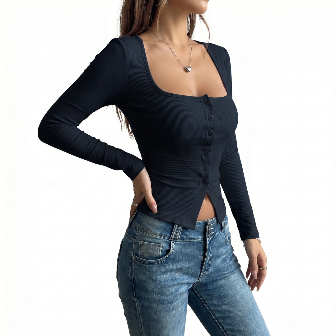 Women's Square Neck Button Front Long Sleeve Knit Top
