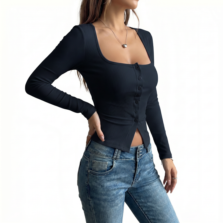 Women's Square Neck Button Front Long Sleeve Knit Top