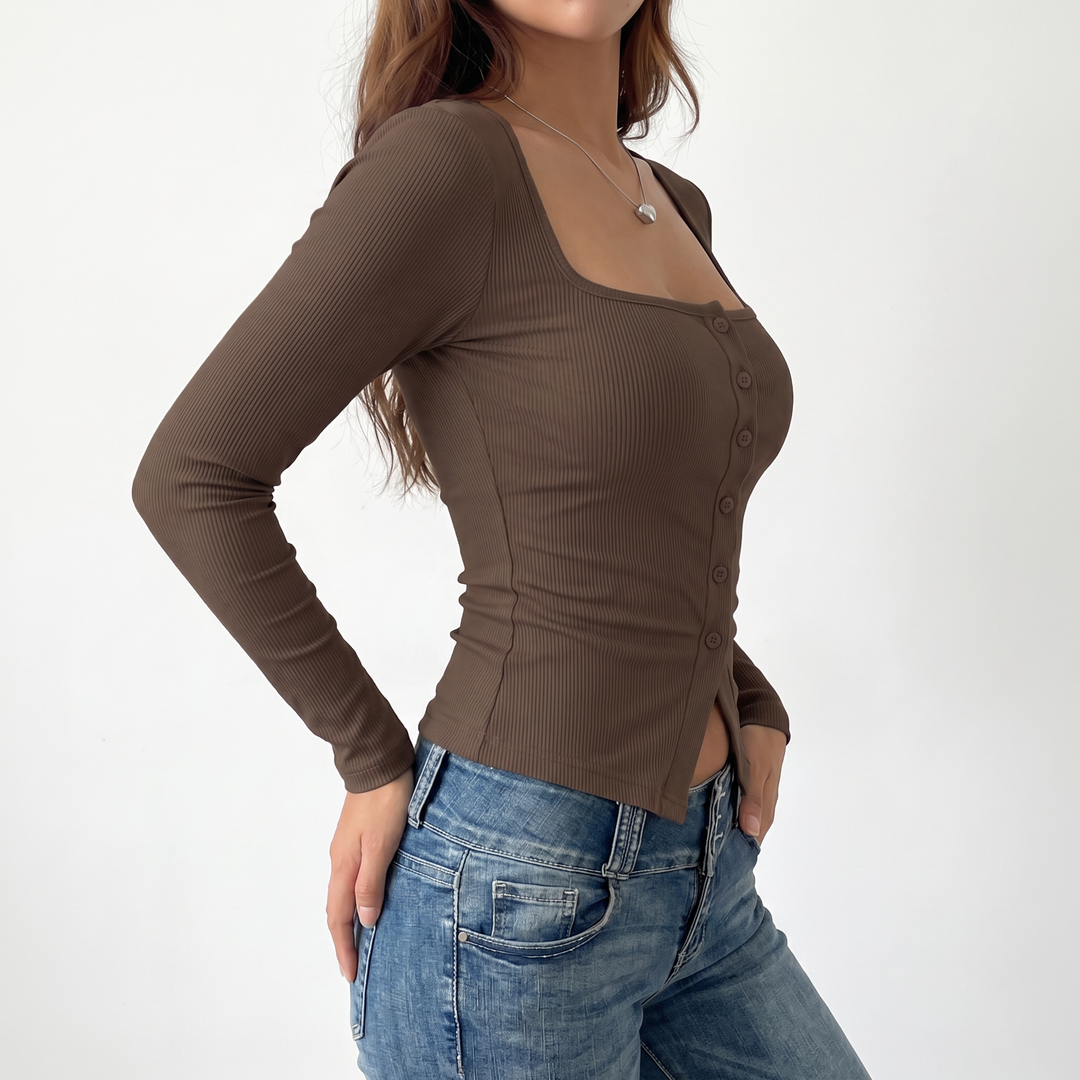 Women's Square Neck Button Front Long Sleeve Knit Top