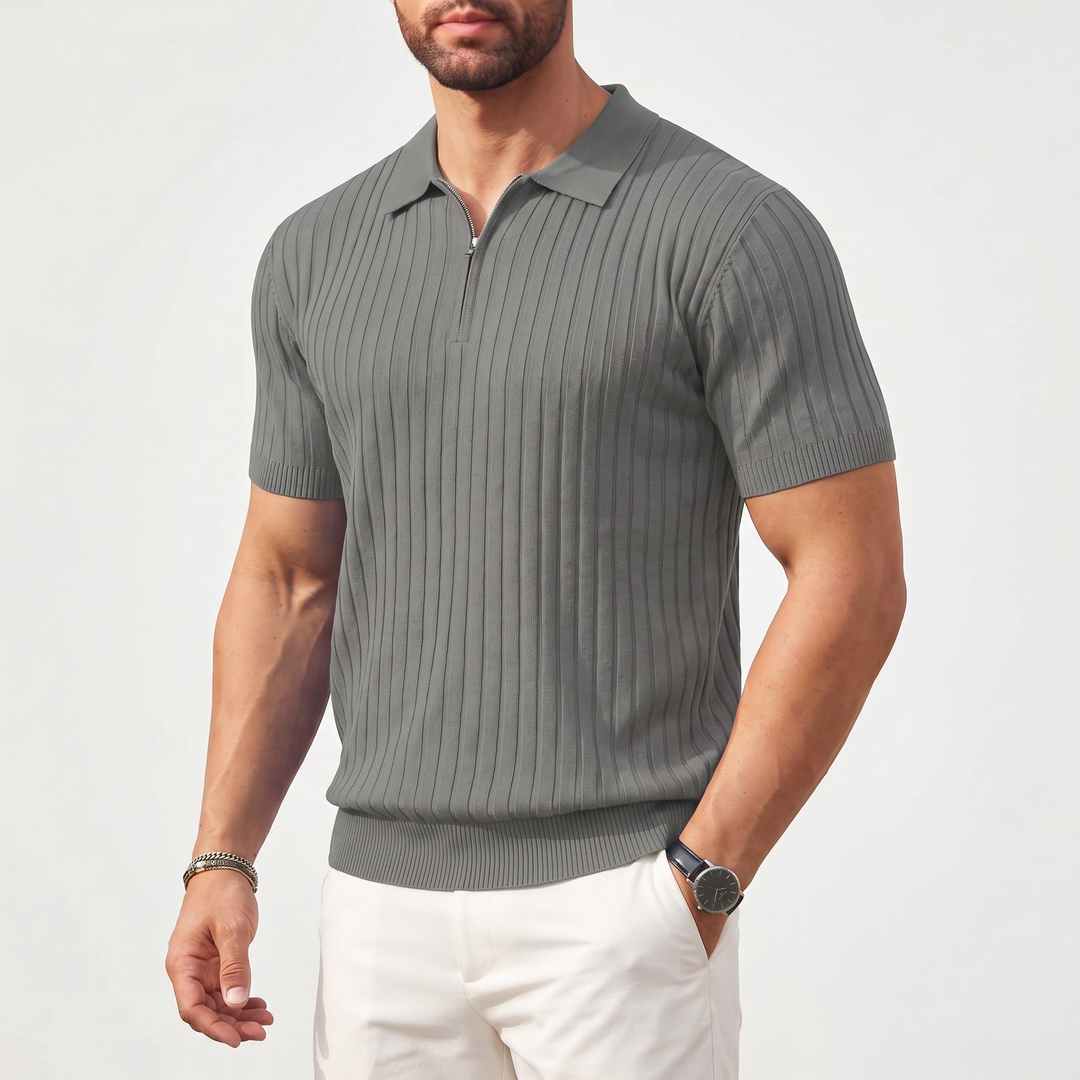 Men’s Ribbed Short Sleeve Zip Polo Shirt with Slim Fit