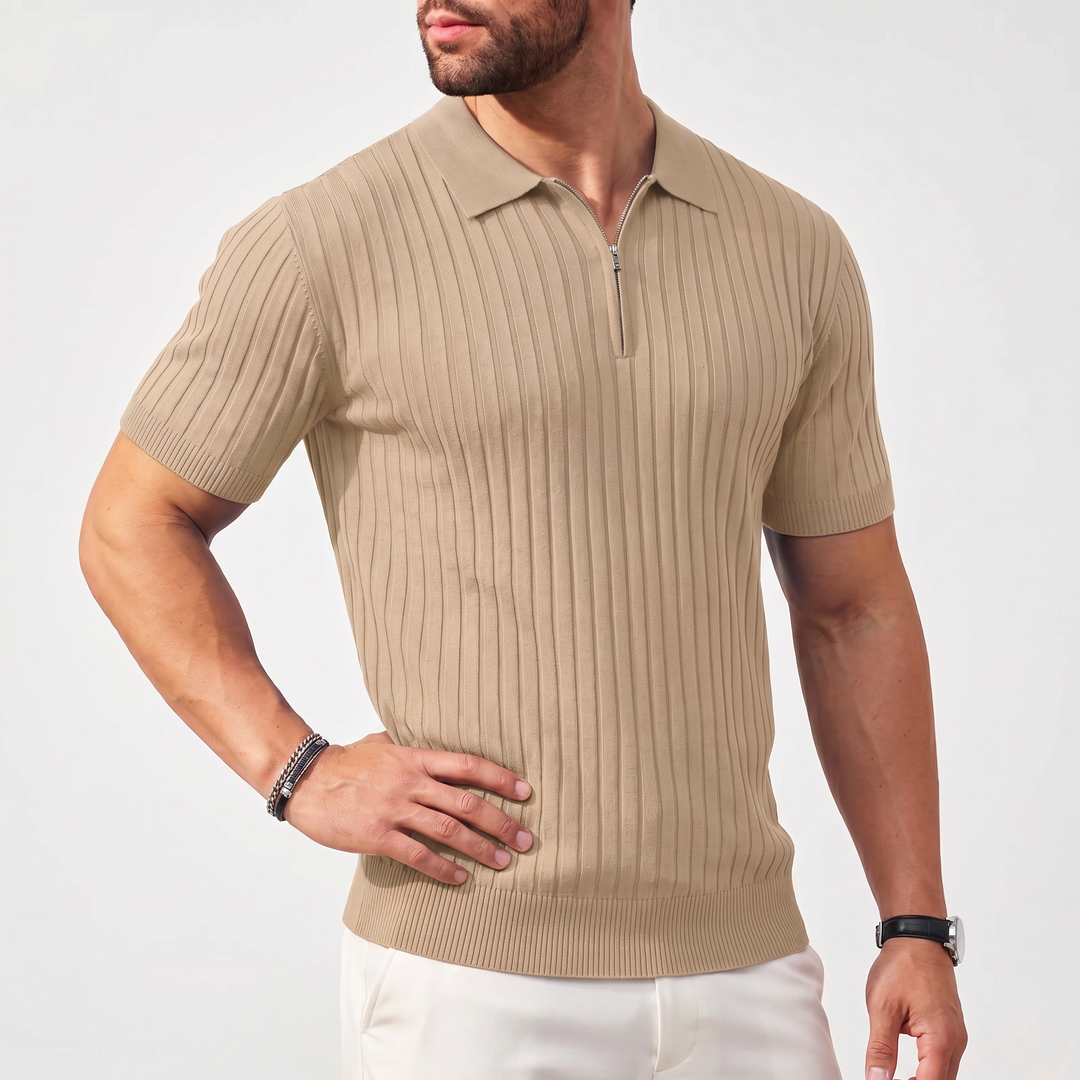 Men’s Ribbed Short Sleeve Zip Polo Shirt with Slim Fit