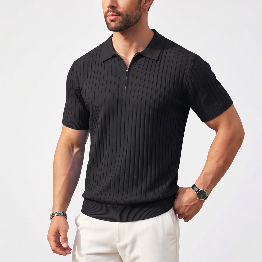 Men’s Ribbed Short Sleeve Zip Polo Shirt with Slim Fit