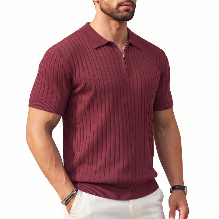 Men’s Ribbed Short Sleeve Zip Polo Shirt with Slim Fit