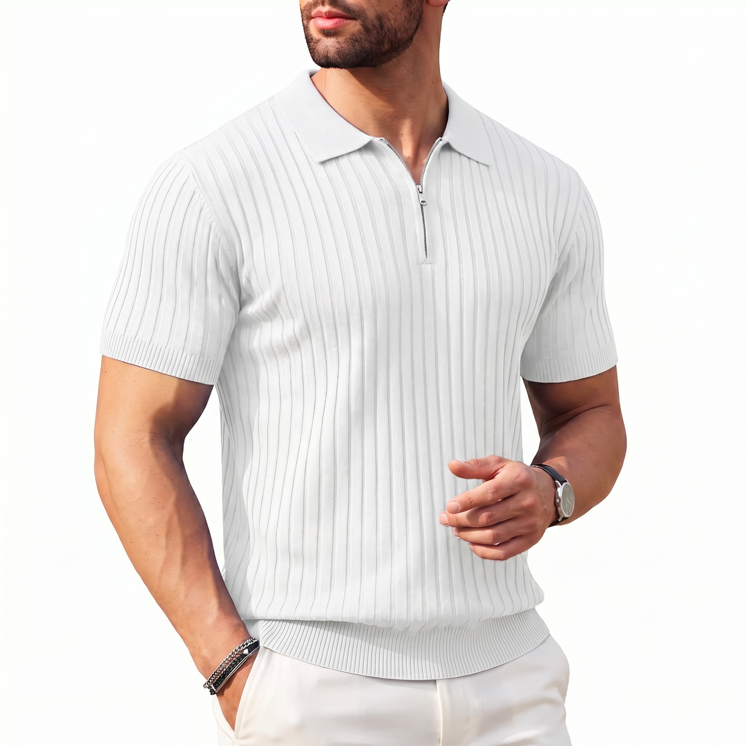Men’s Ribbed Short Sleeve Zip Polo Shirt with Slim Fit