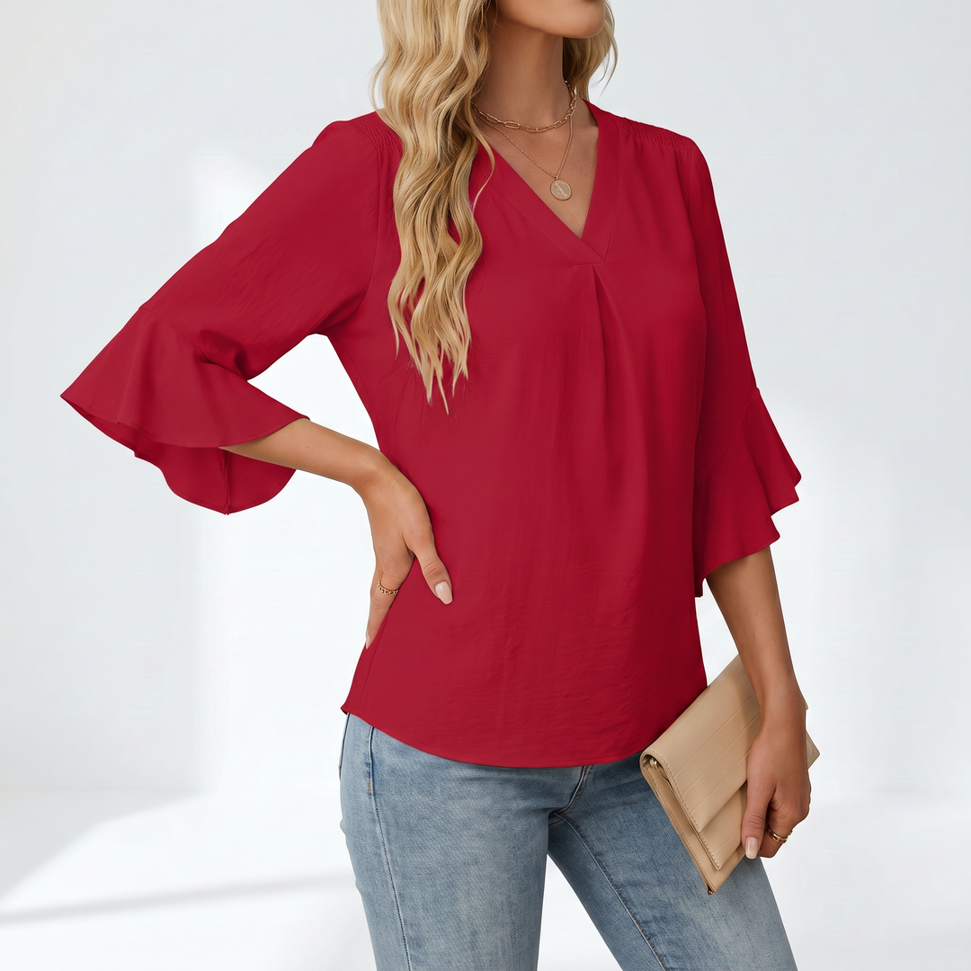 Women's V-Neck Ruffle Sleeve Chiffon Blouse