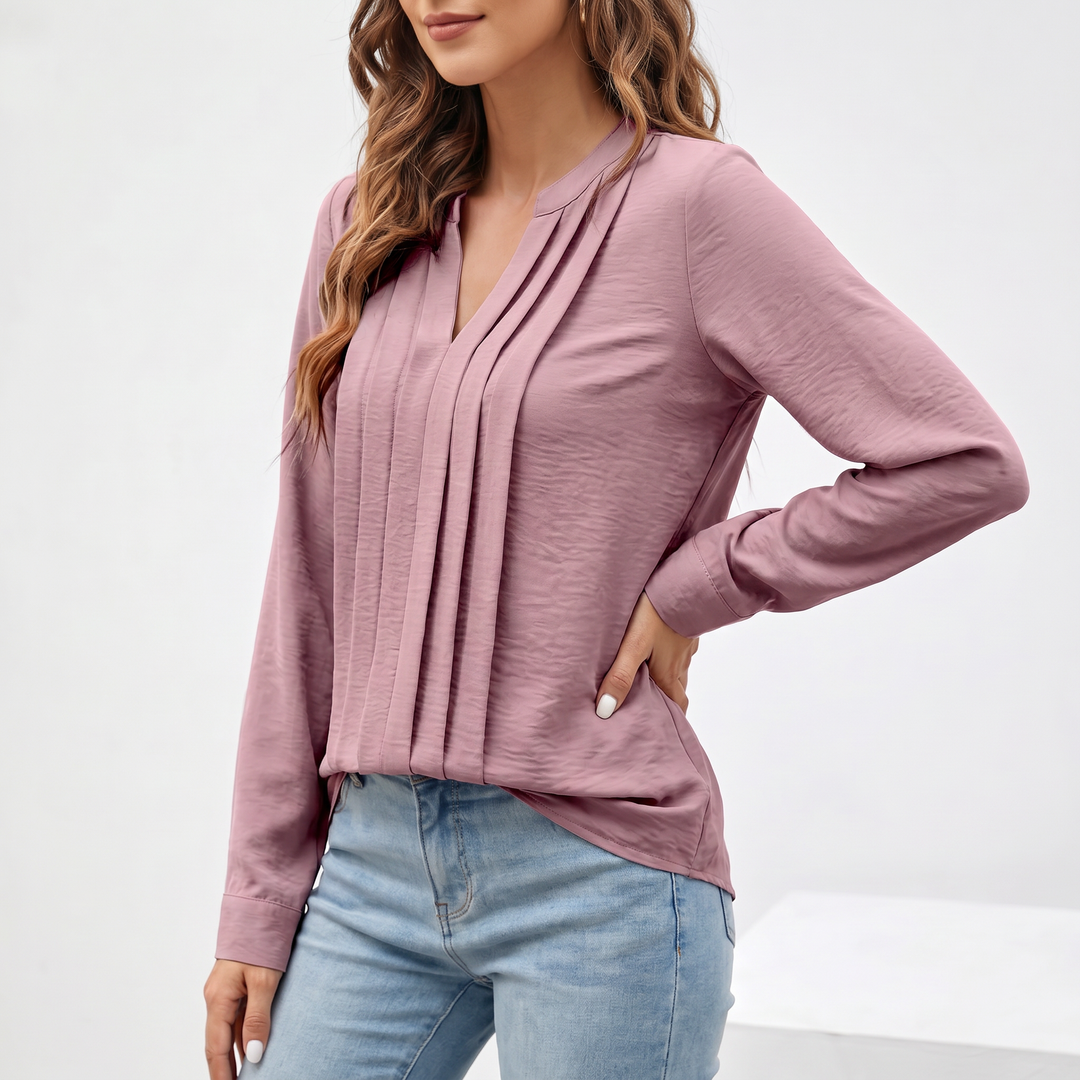Women's V-Neck Long Sleeve Pleated Blouse