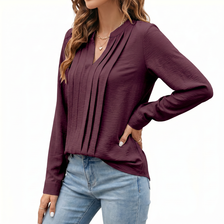 Women's V-Neck Long Sleeve Pleated Blouse
