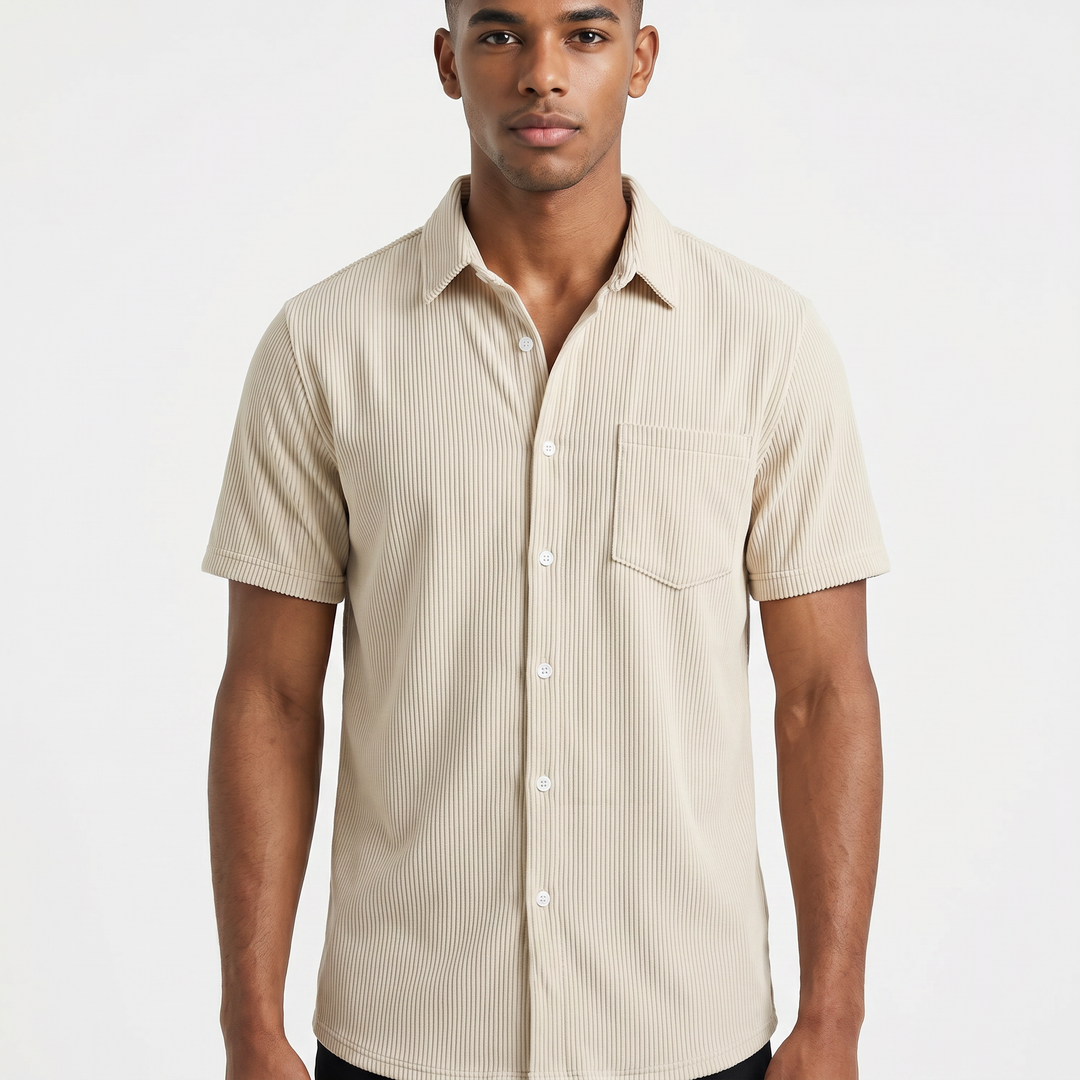 Men’s Short Sleeve Corduroy Button Up Shirt with Chest Pocket