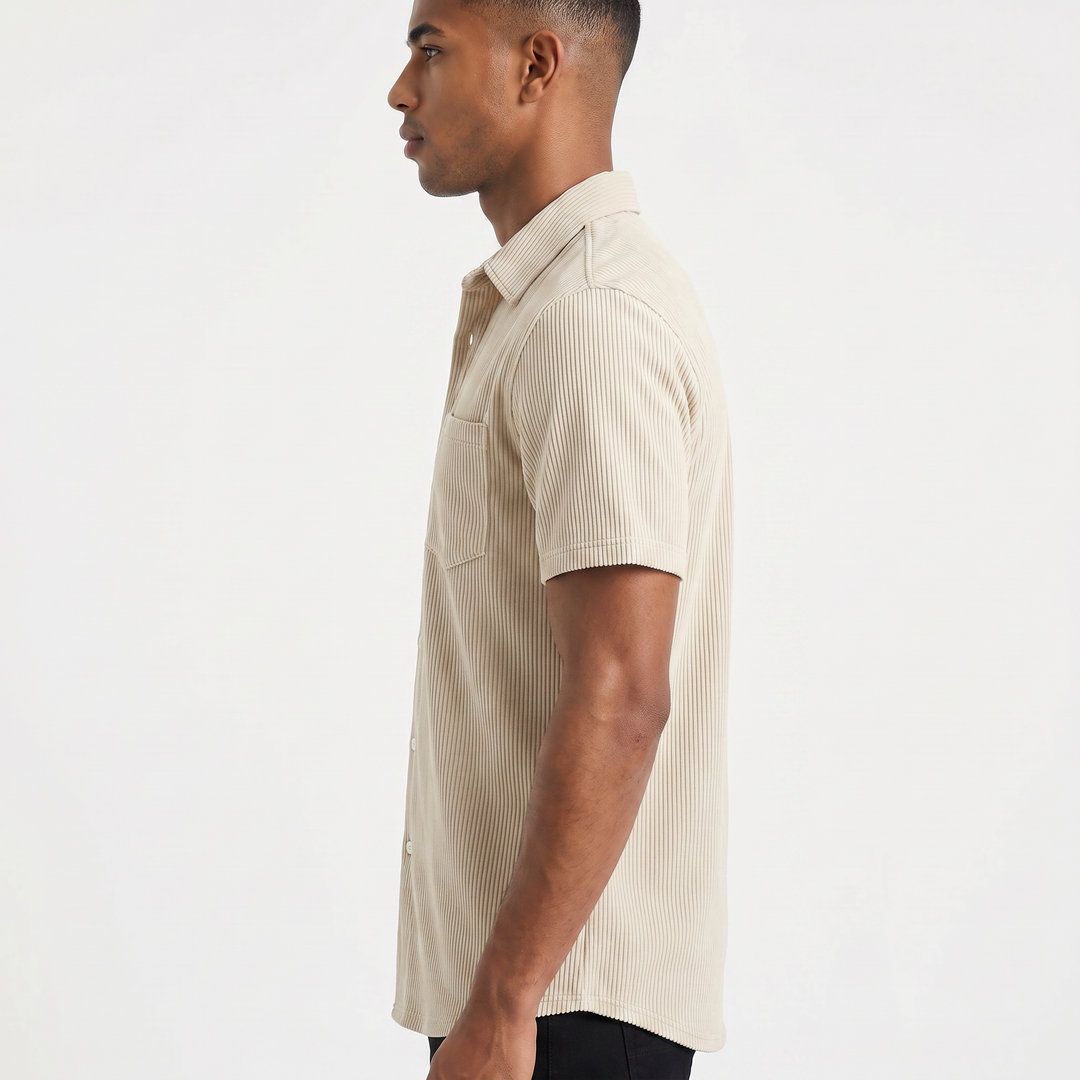 Men’s Short Sleeve Corduroy Button Up Shirt with Chest Pocket