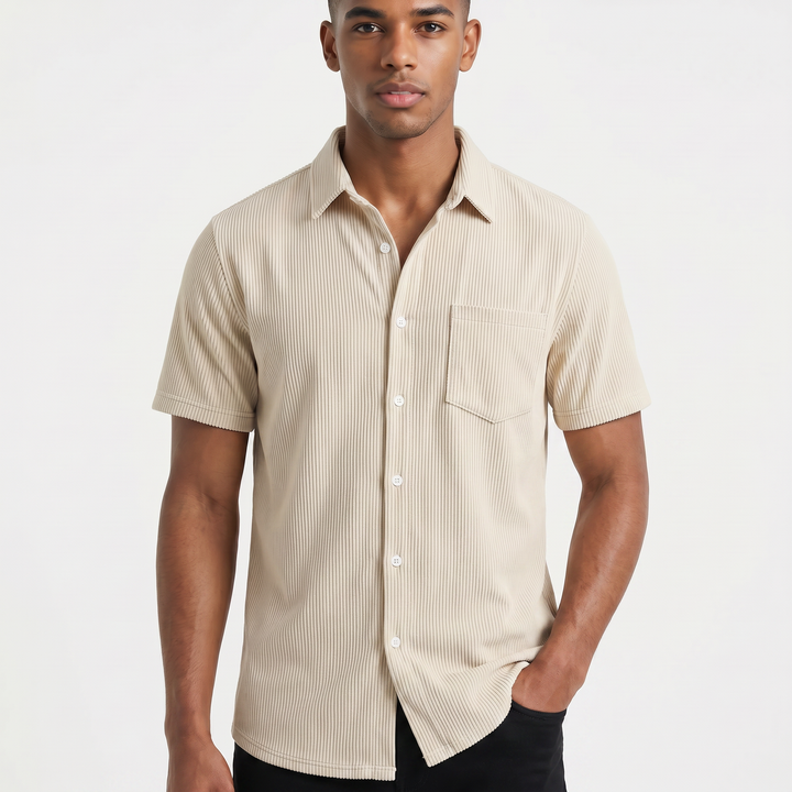 Men’s Short Sleeve Corduroy Button Up Shirt with Chest Pocket