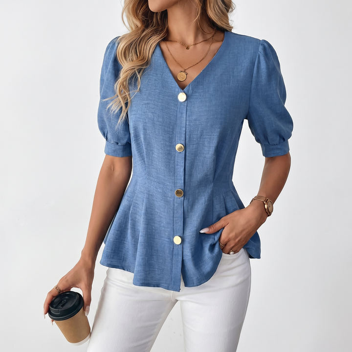 Women's V-Neck Button Front Peplum Blouse