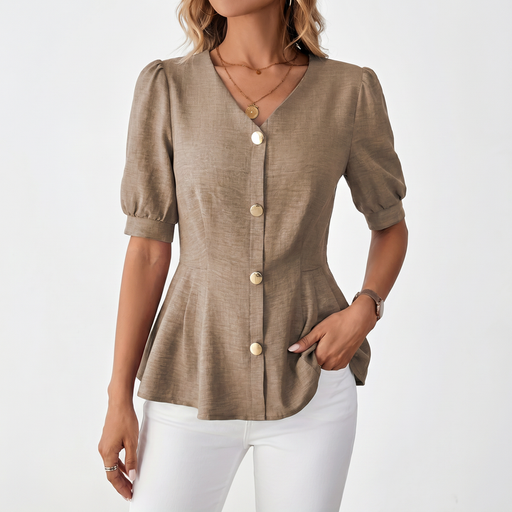 Women's V-Neck Button Front Peplum Blouse